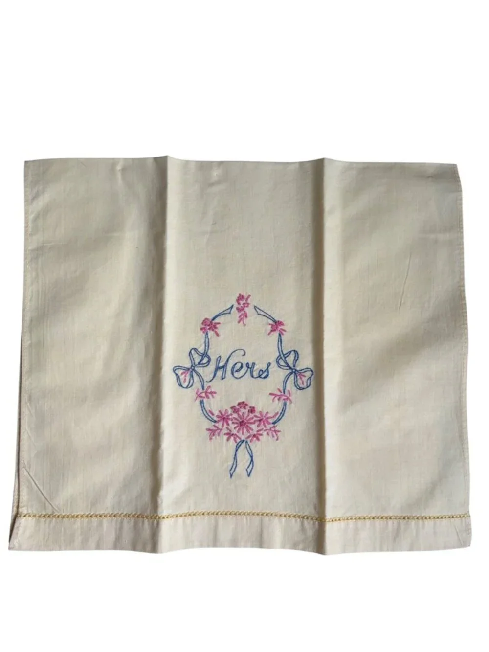Vintage His Hers Embroidered Yellow Guest Towels Pink Blue Floral Design Pair